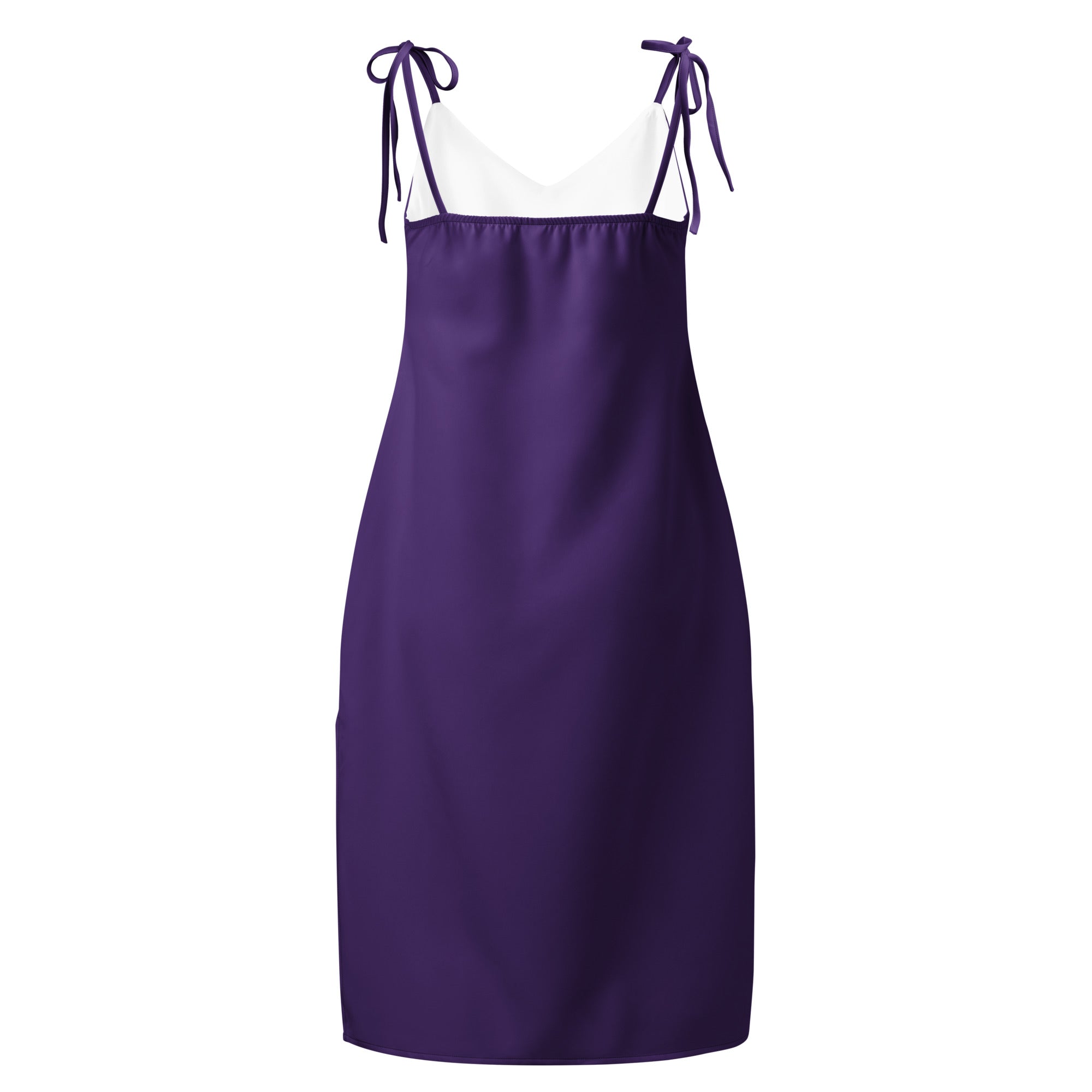 Purple slip dress with thin straps on a white background