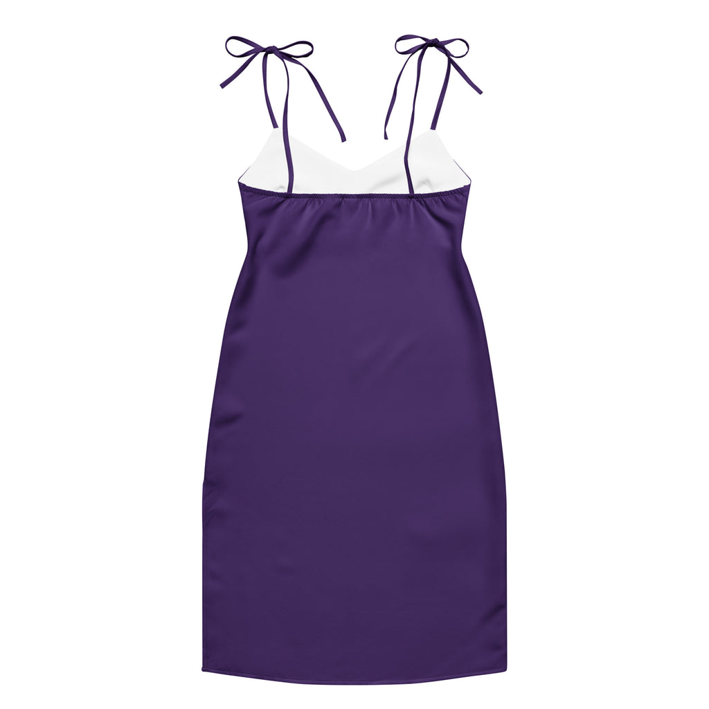 Purple slip dress with white trim on a white background