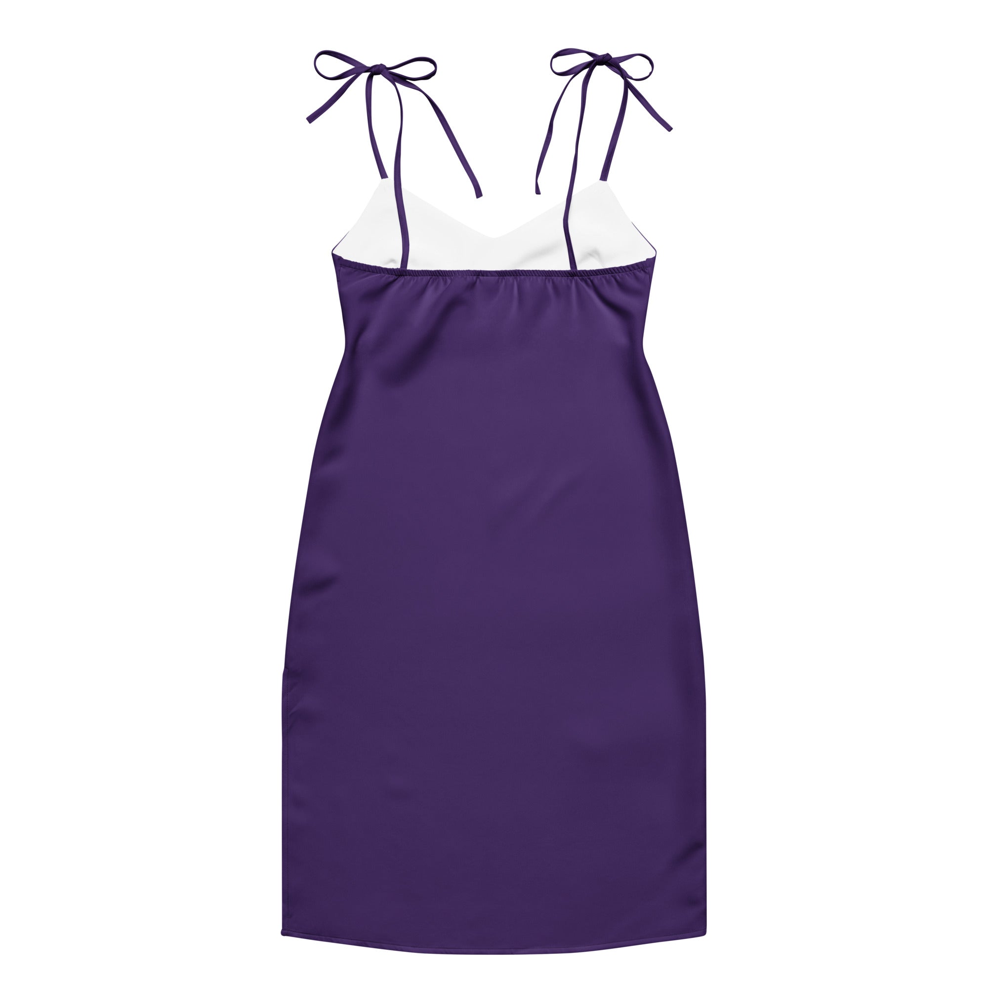 Purple slip dress with white trim on a white background