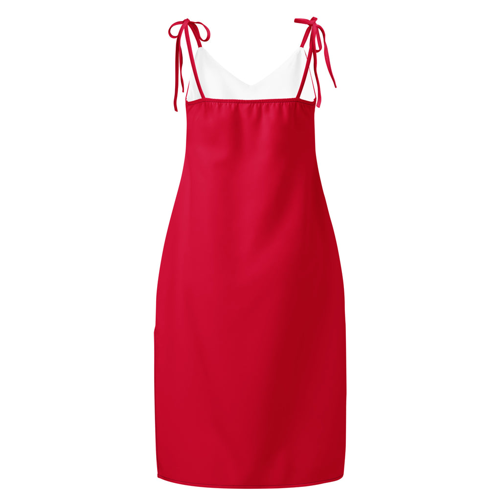 Red slip dress with thin straps on a white background