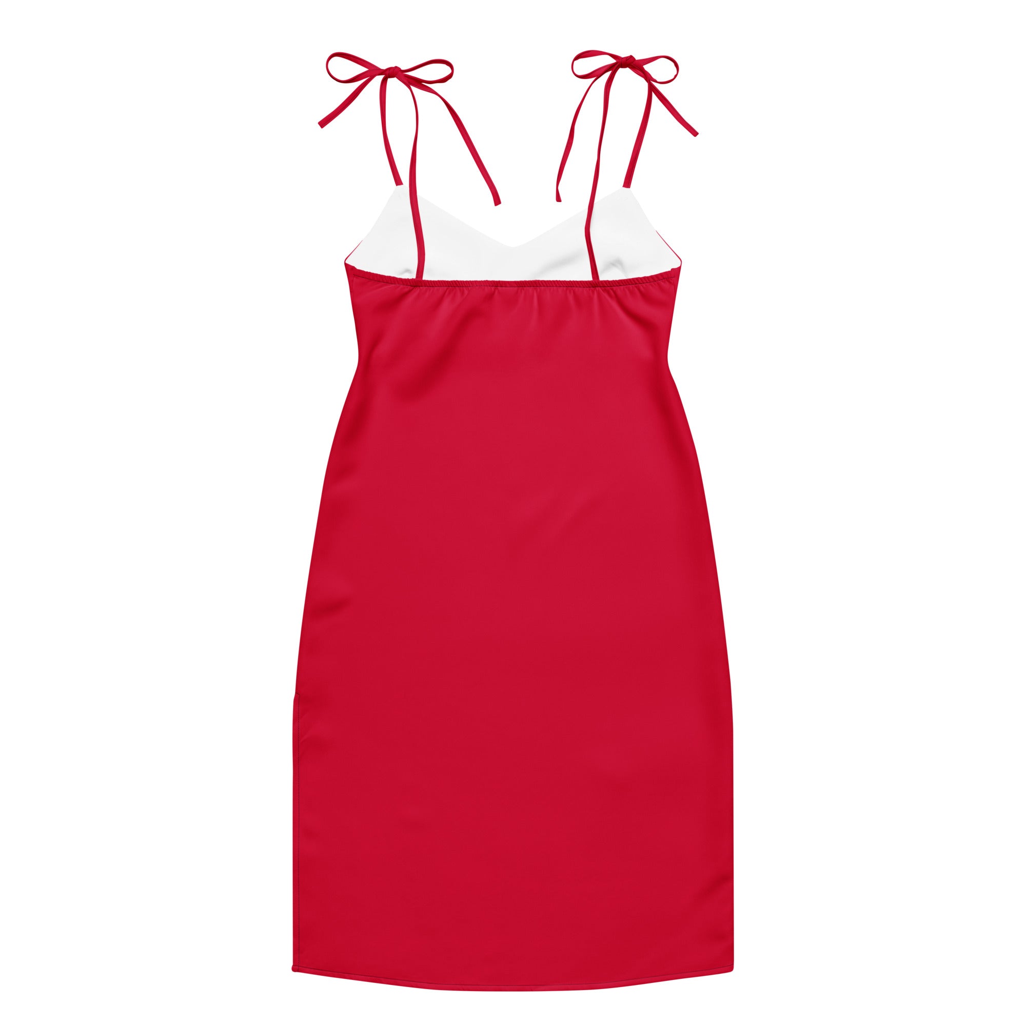 Red slip dress with white lace trim on a white background