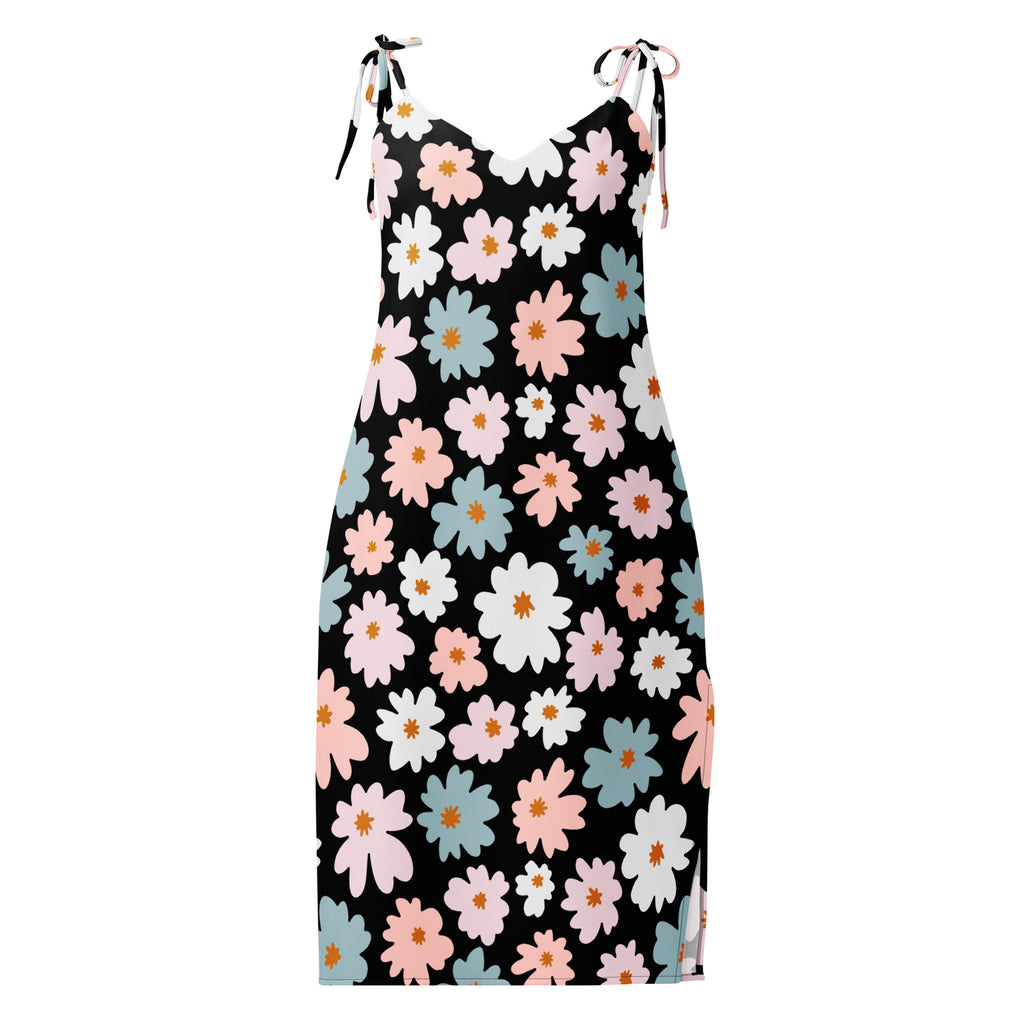 Women’s retro floral slip midi dress in black with adjustable tie spaghetti straps and pink white and blue daisy print