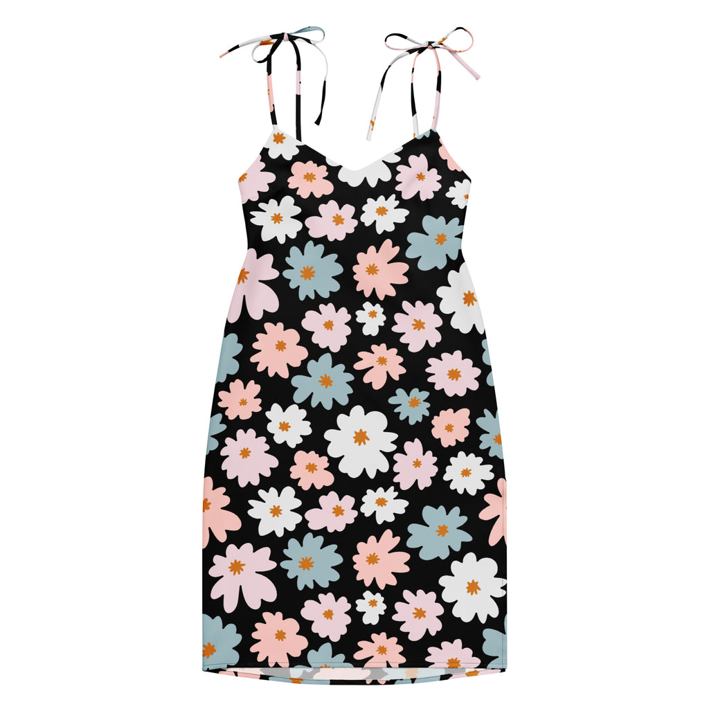 Women’s retro floral slip dress midi in black with pink white and blue daisies thin adjustable tie straps and built in bra