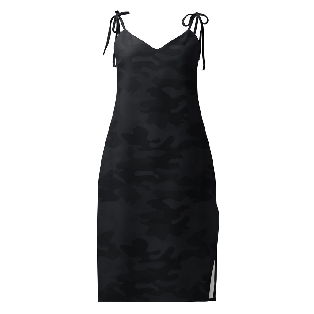 Women’s black camouflage slip dress midi dress with adjustable tie straps side slit and built in bra