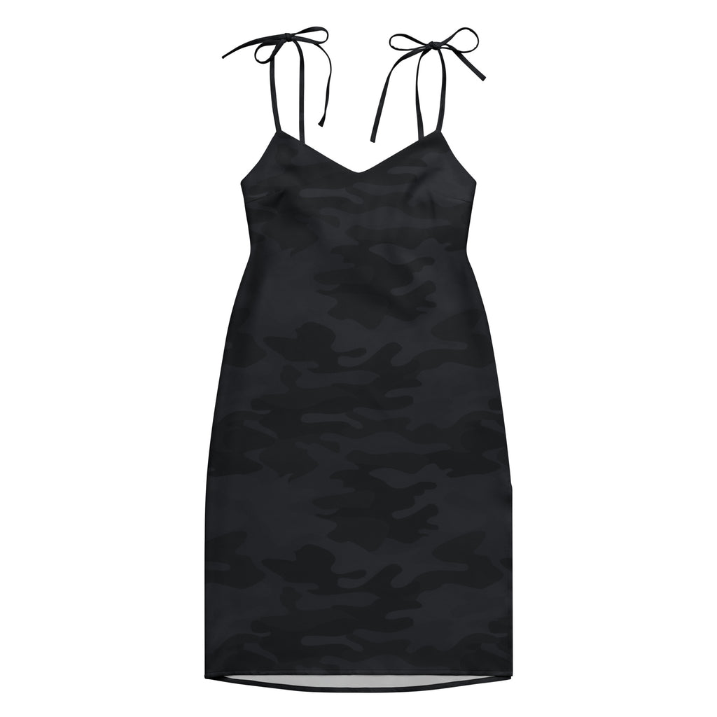 Women’s black camouflage slip dress with thin adjustable tie straps and built-in bra shown from the back