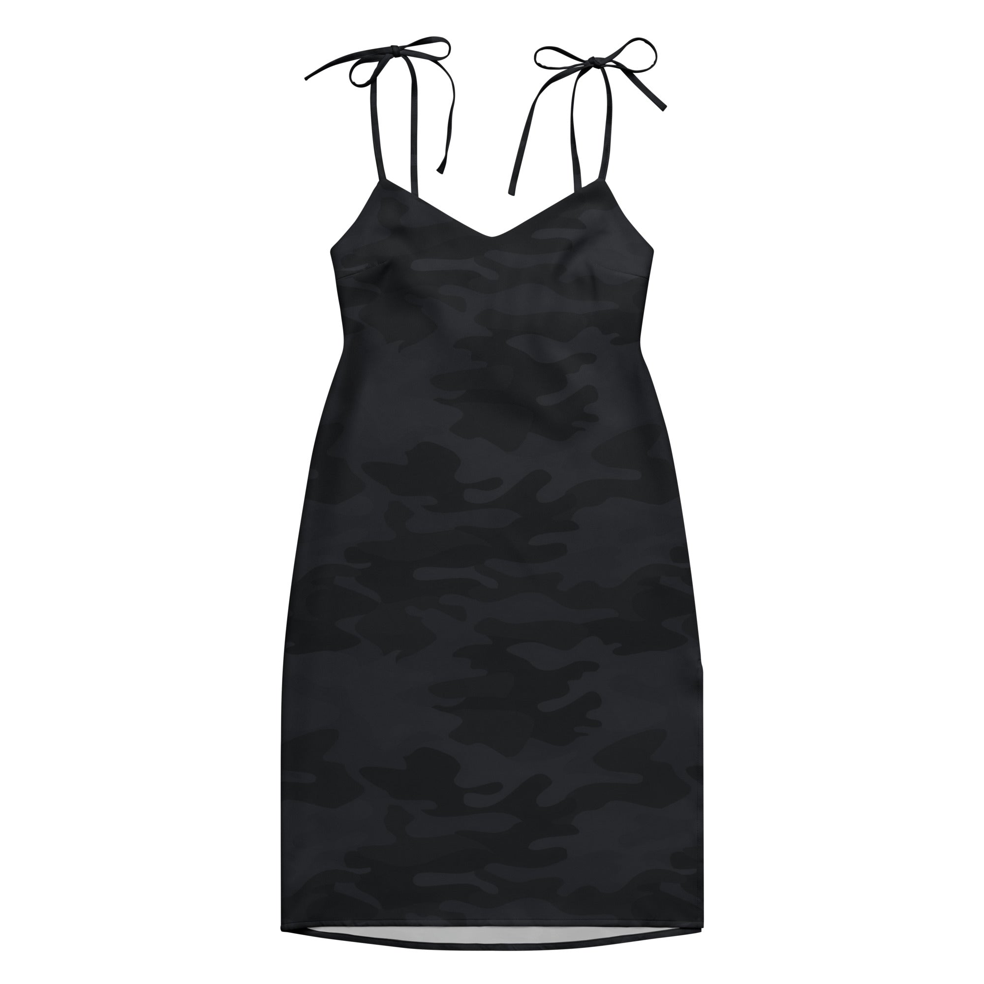 Women’s black camouflage slip dress with thin adjustable tie straps and built-in bra shown from the back