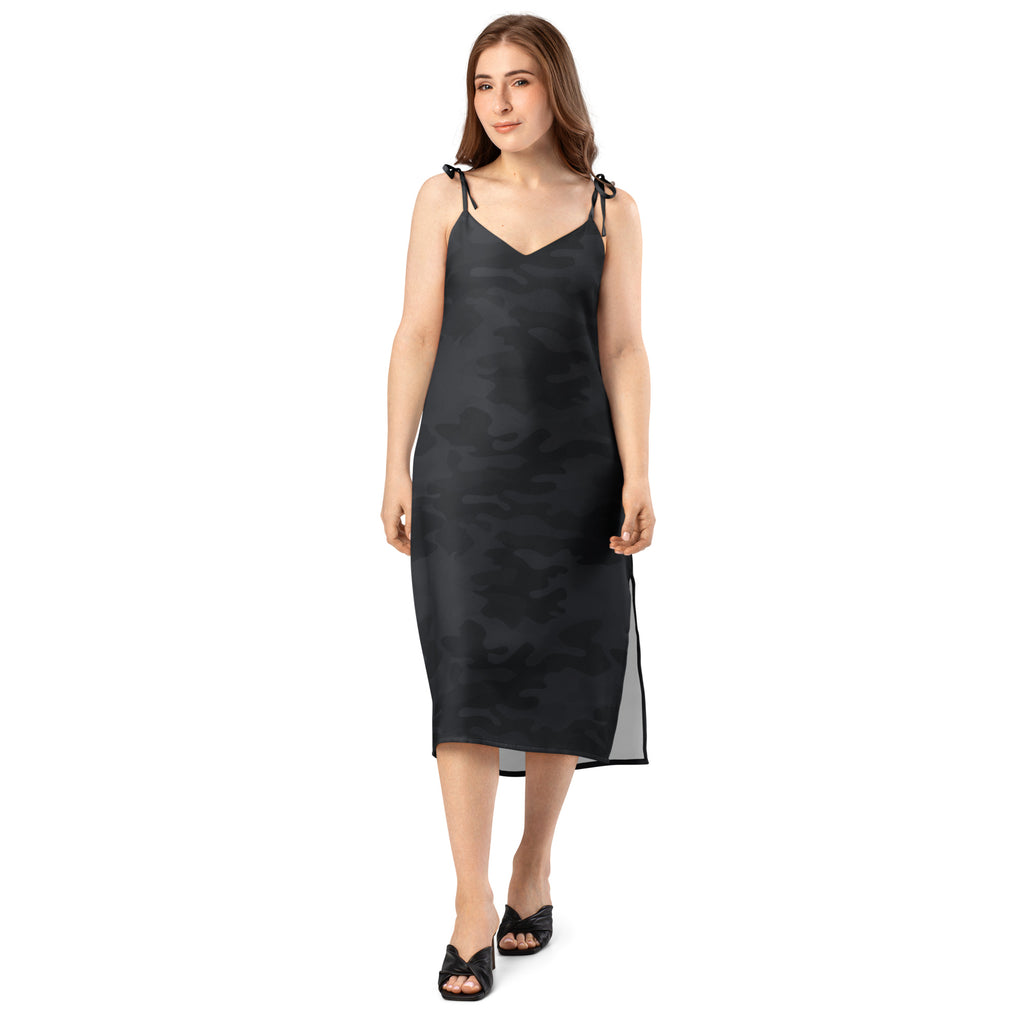 Women’s black satin slip dress with subtle camouflage pattern thin tie straps and built-in bra midi length