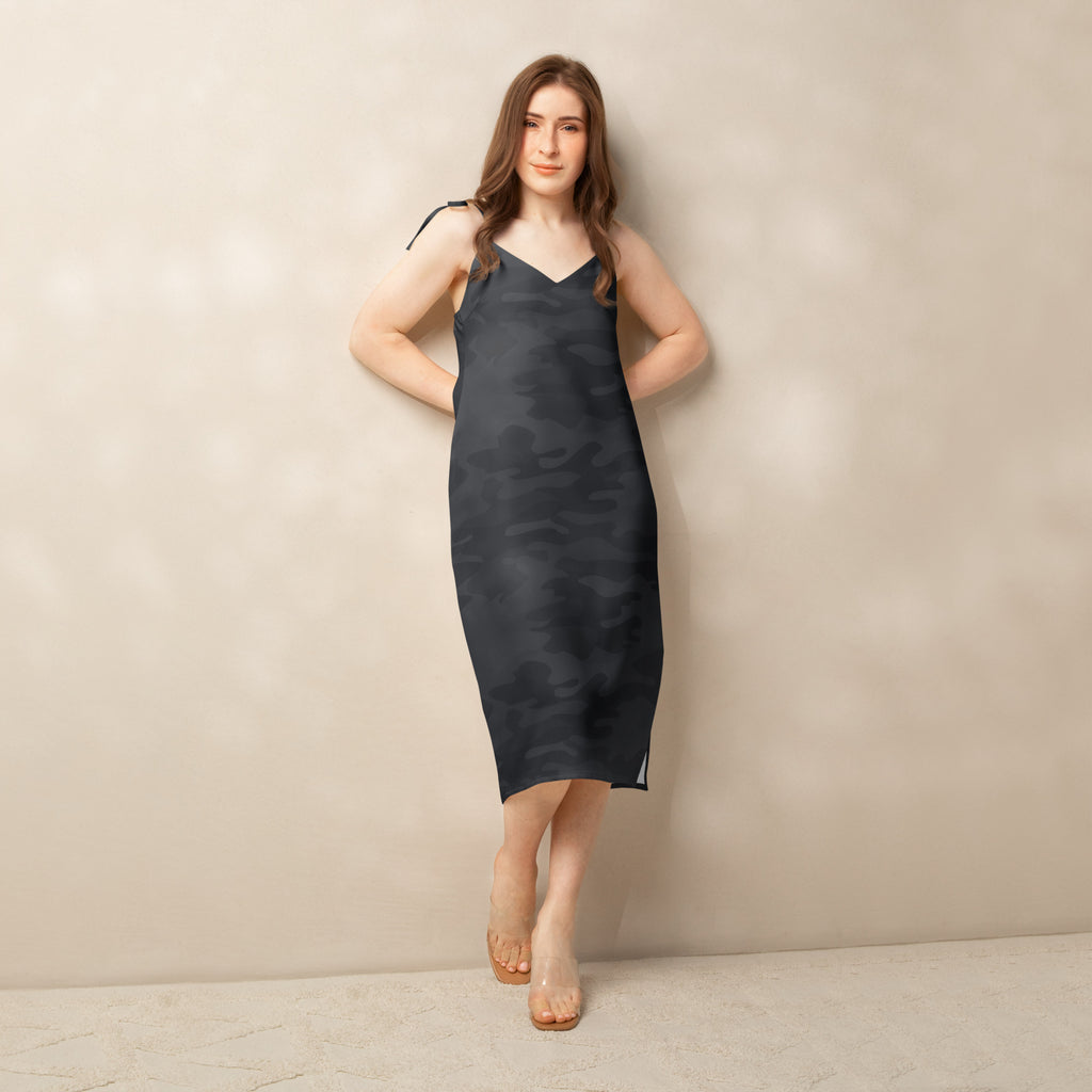 A sleek dark gray satin women’s black camouflage slip dress with v-neckline thin adjustable tie straps and built in bra