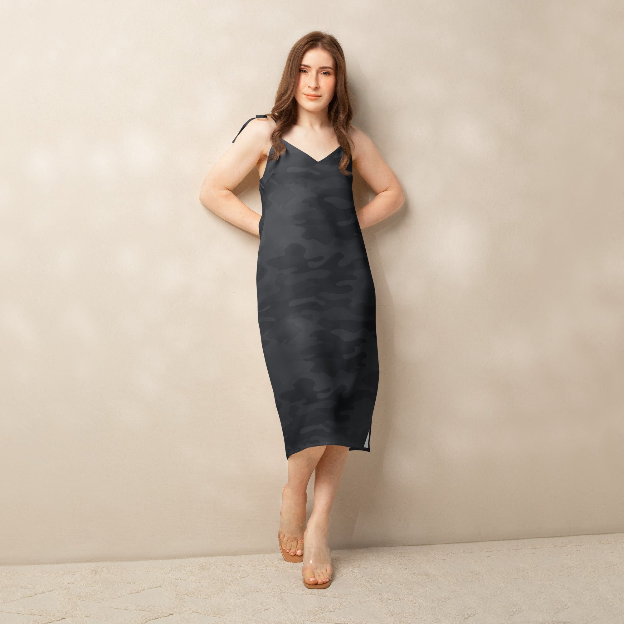 A sleek dark gray satin women’s black camouflage slip dress with v-neckline thin adjustable tie straps and built in bra