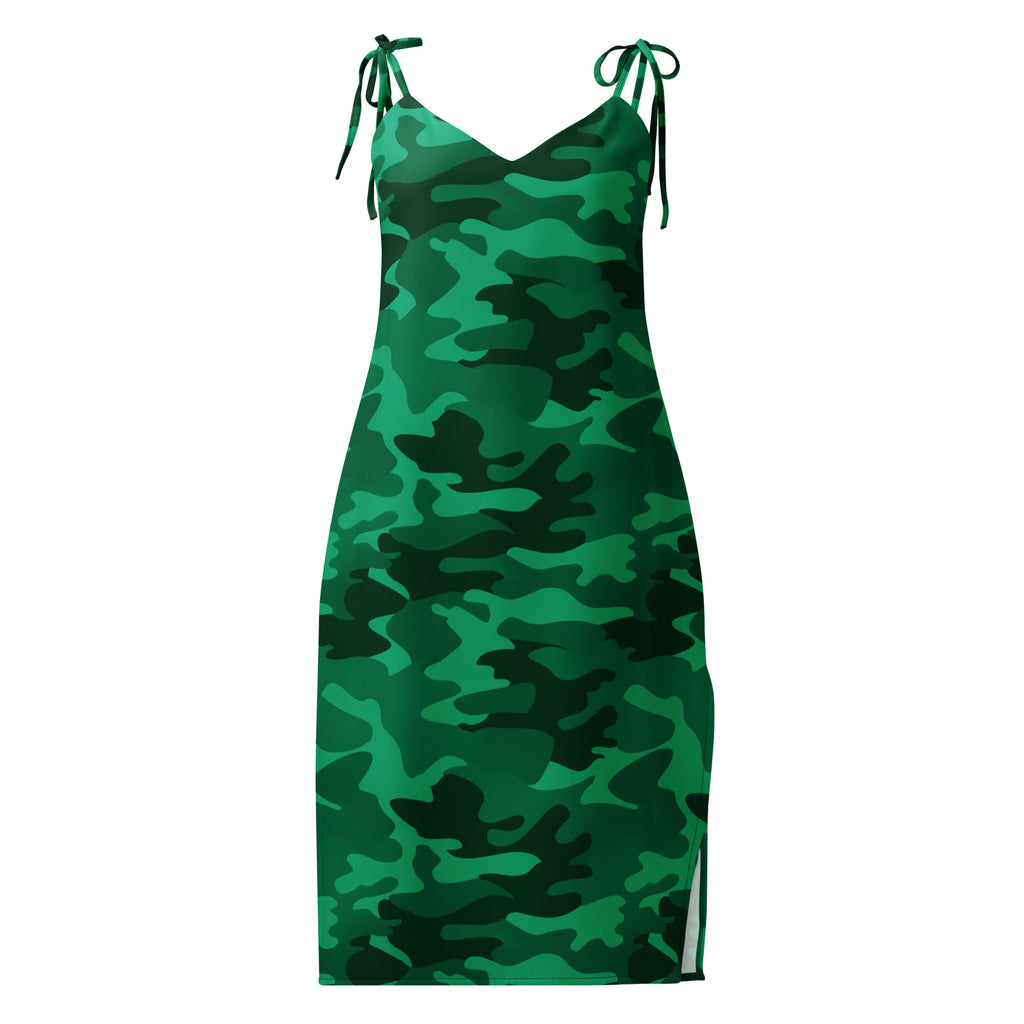 Women’s green camouflage slip dress midi with adjustable tie straps side slit and built in bra detail