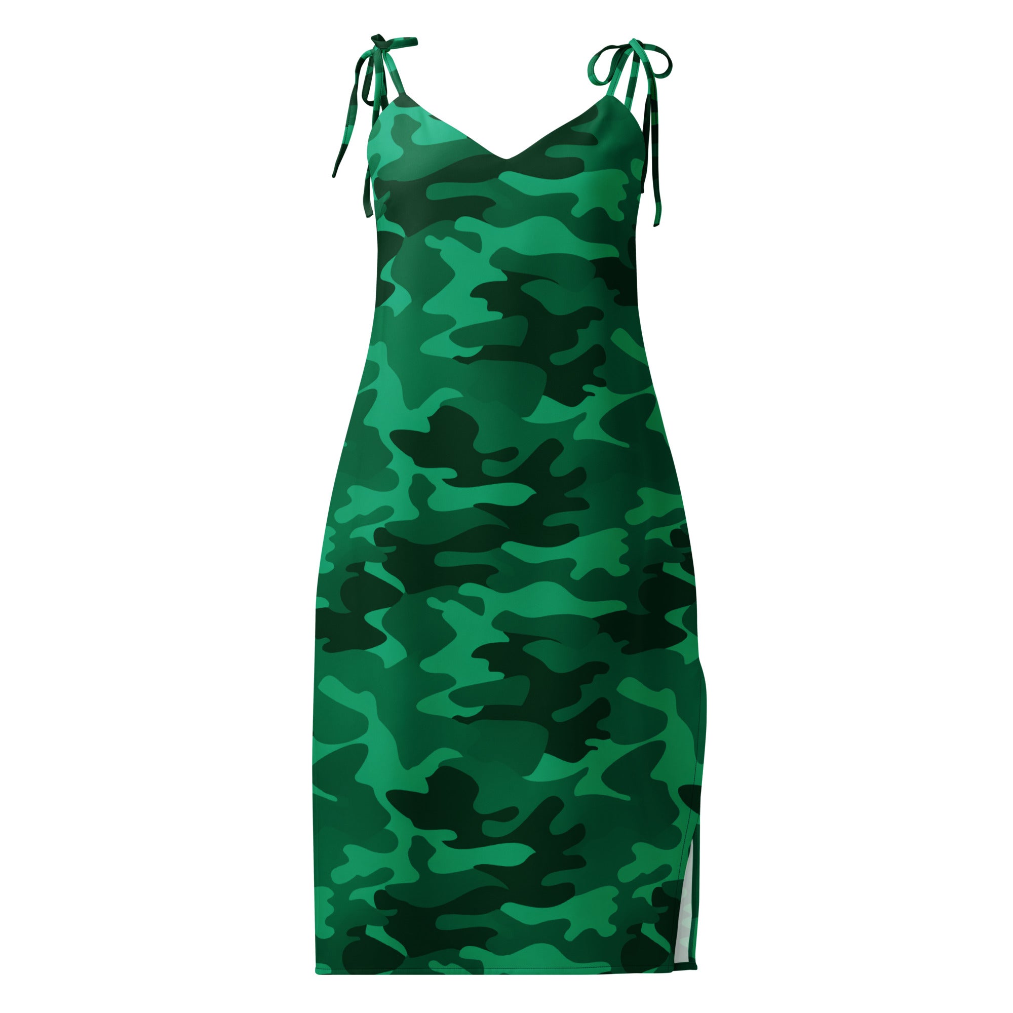 Women’s green camouflage slip dress midi with adjustable tie straps side slit and built in bra detail