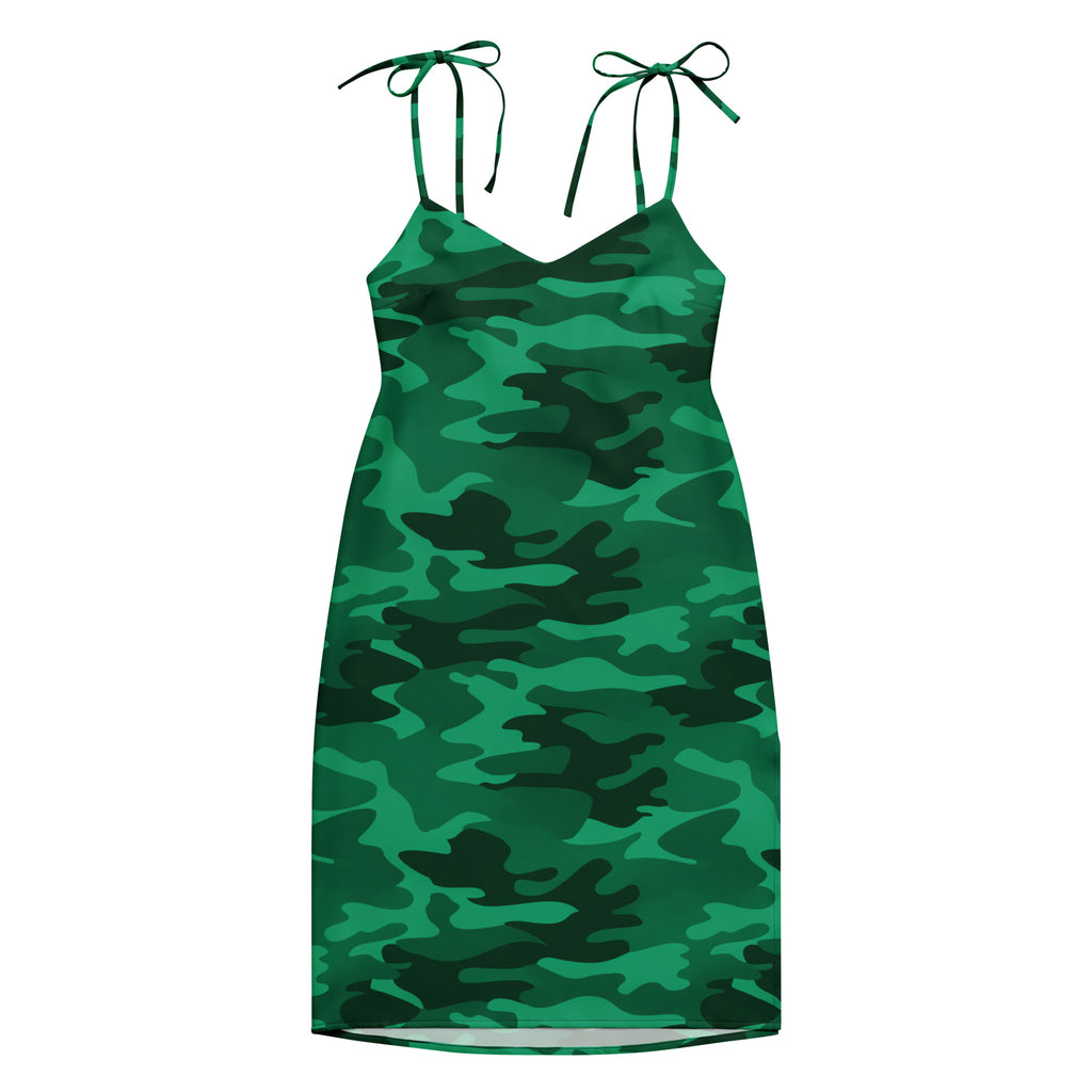 Women’s green camouflage slip dress with adjustable tie straps and built in bra in sleeveless midi style
