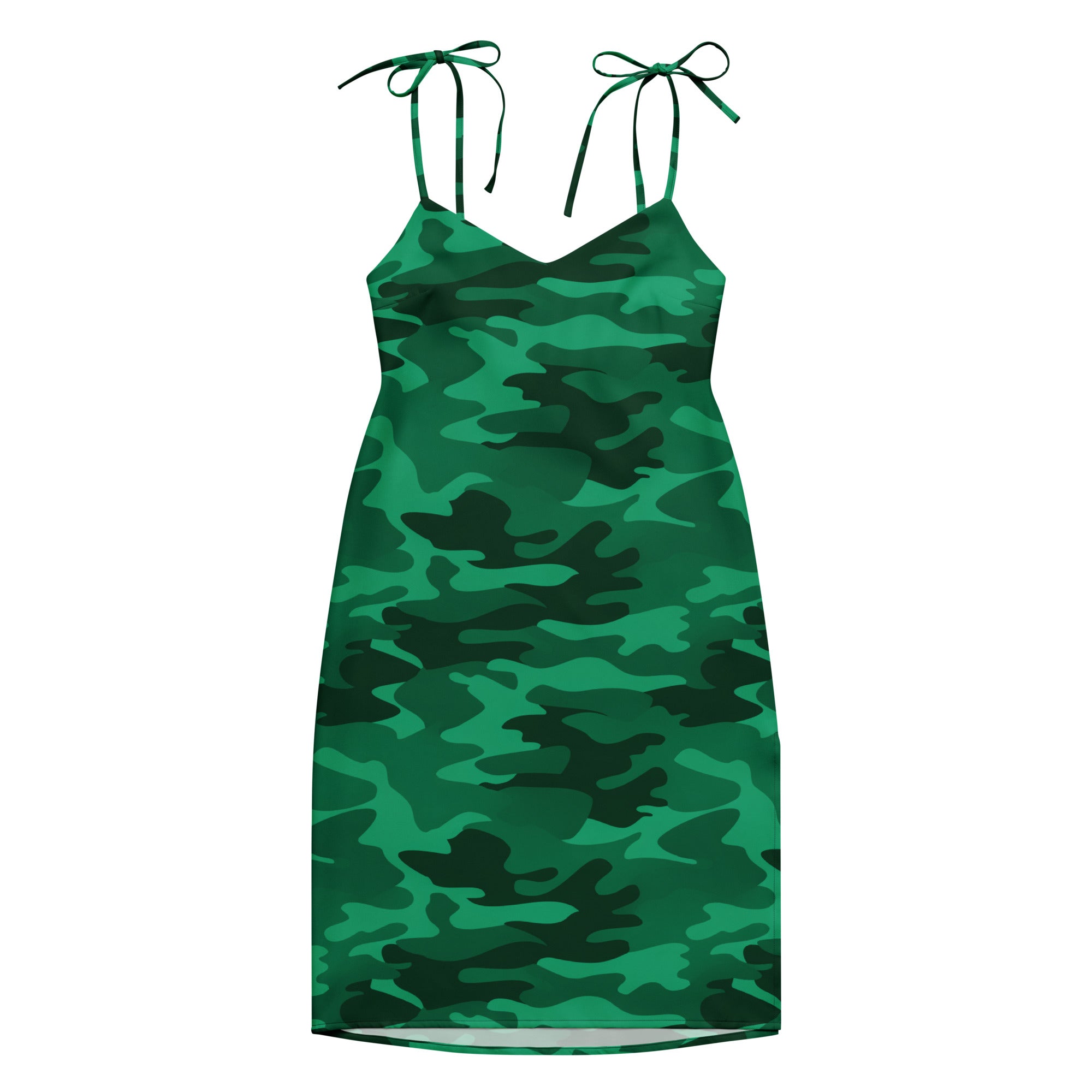 Women’s green camouflage slip dress with adjustable tie straps and built in bra in sleeveless midi style