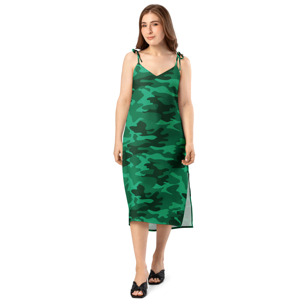 Women’s green camouflage midi slip dress with adjustable tie straps side slit and built in bra