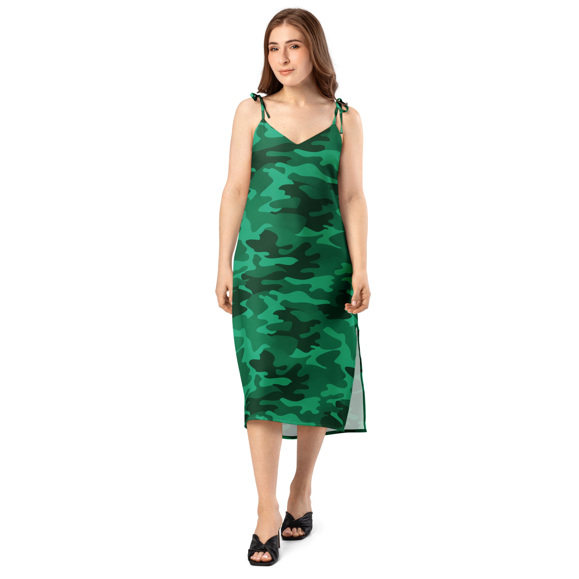 Women’s green camouflage midi slip dress with adjustable tie straps side slit and built in bra
