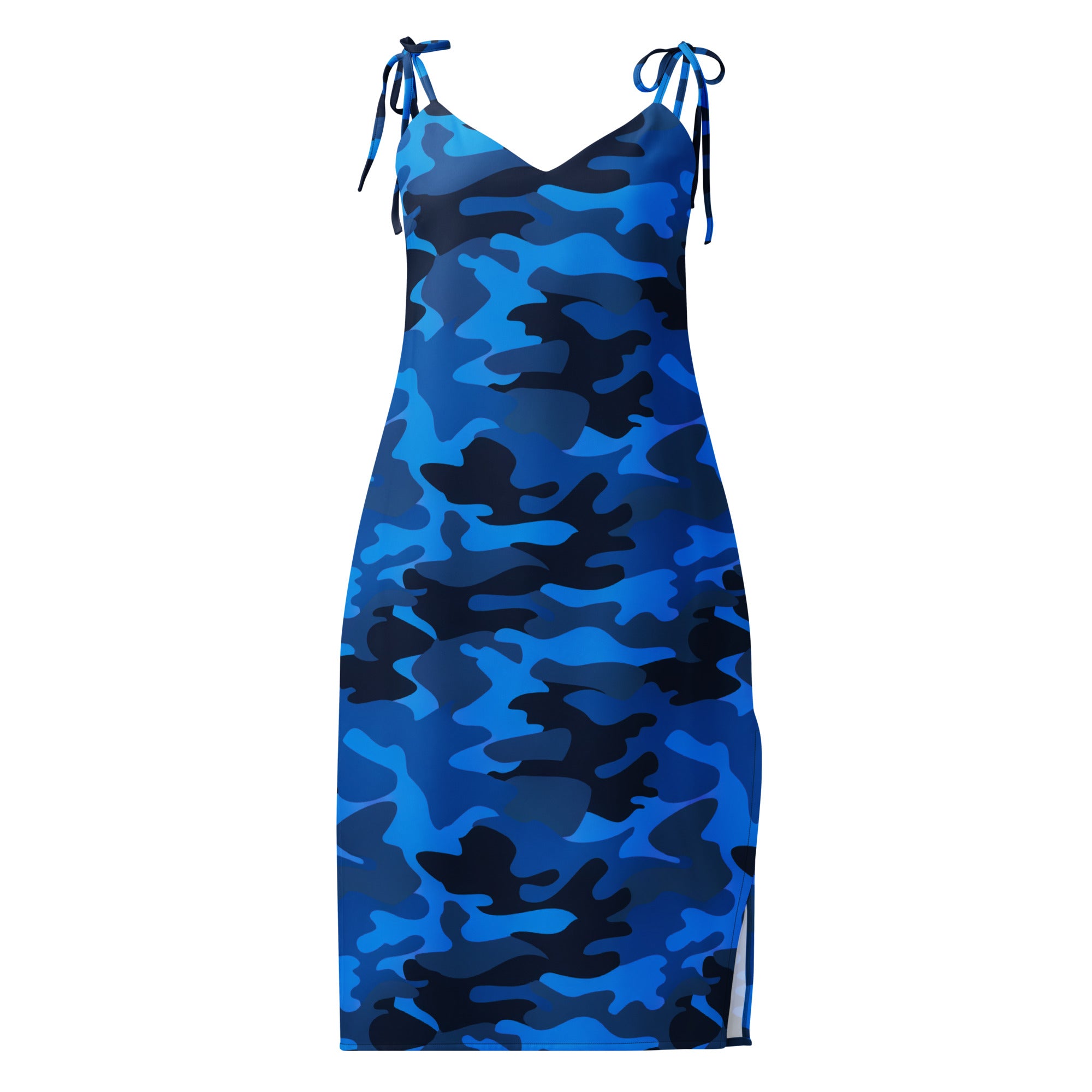 Women’s blue camouflage midi slip dress with adjustable tie-back straps, side slit, and built in bra