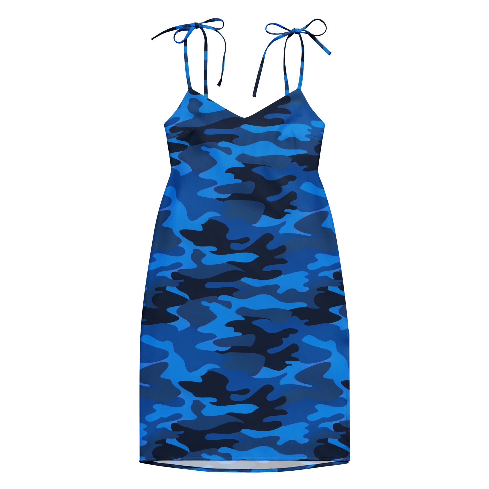Women’s blue and black camouflage slip dress midi dress with adjustable tie straps and built in bra