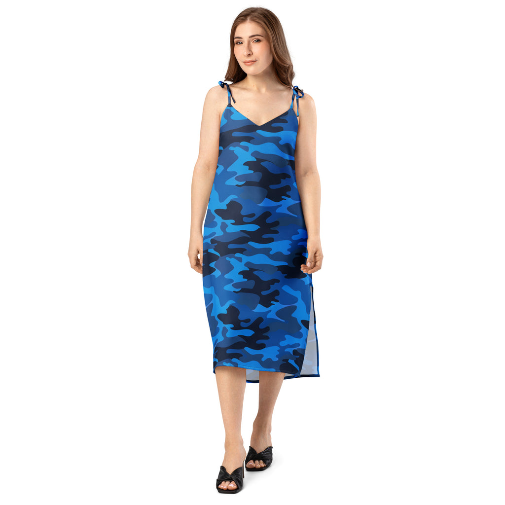 Women’s blue and black camouflage sleeveless midi slip dress with thin adjustable tie straps and built in bra