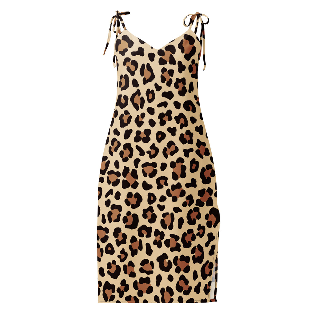 Beige leopard print midi slip dress with adjustable spaghetti tie straps and built in bra for women
