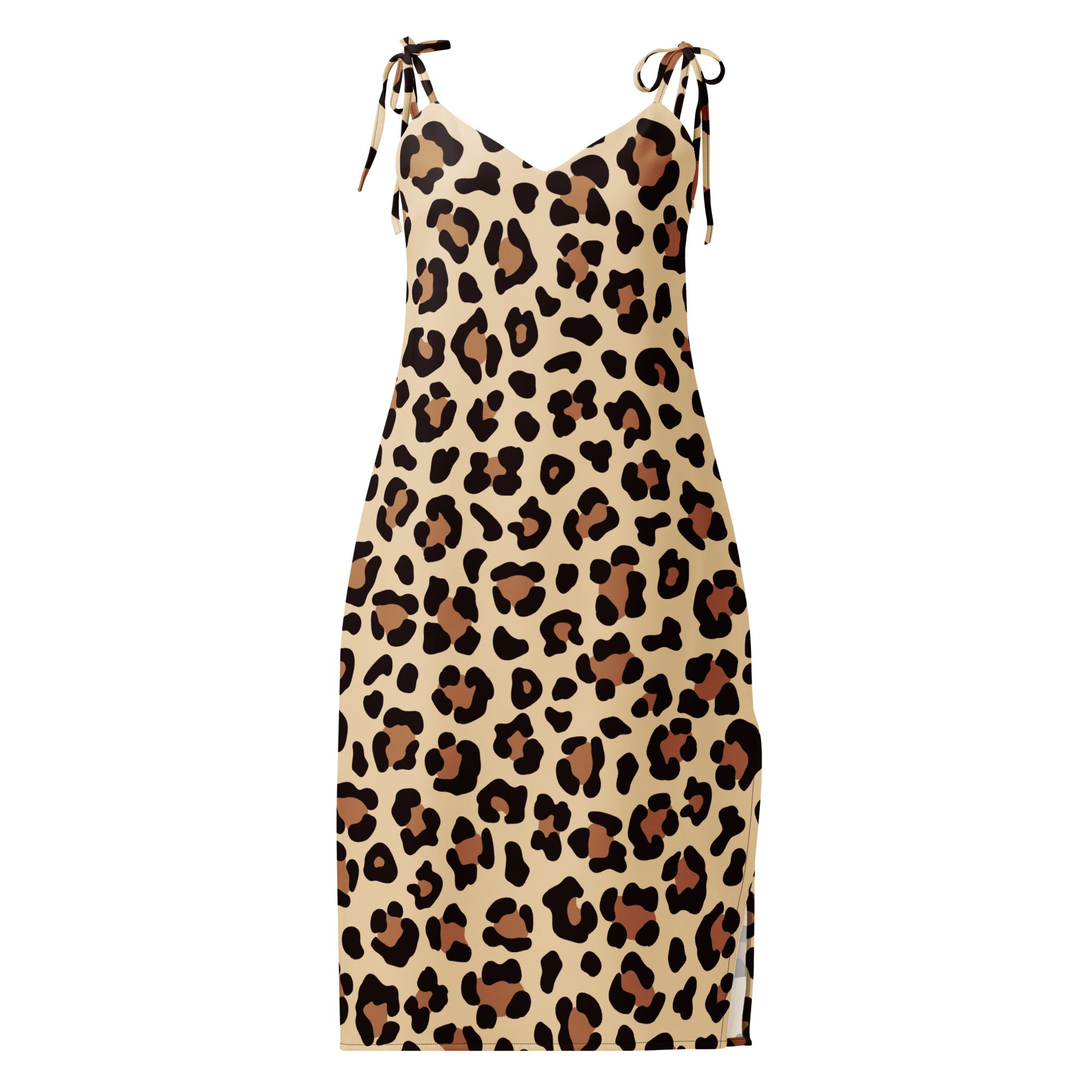 Beige leopard print midi slip dress with adjustable spaghetti tie straps and built in bra for women