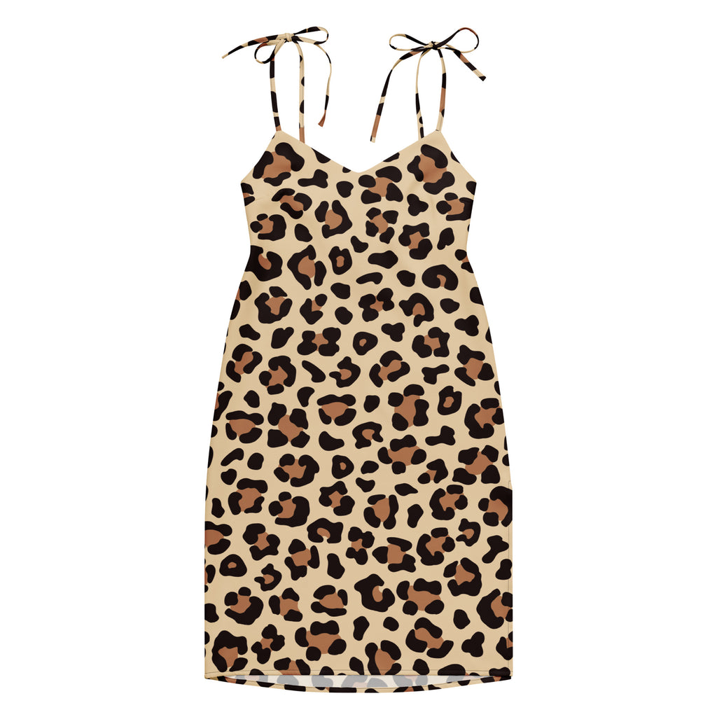 Beige leopard print midi slip dress with adjustable tie straps and built in bra for women front view