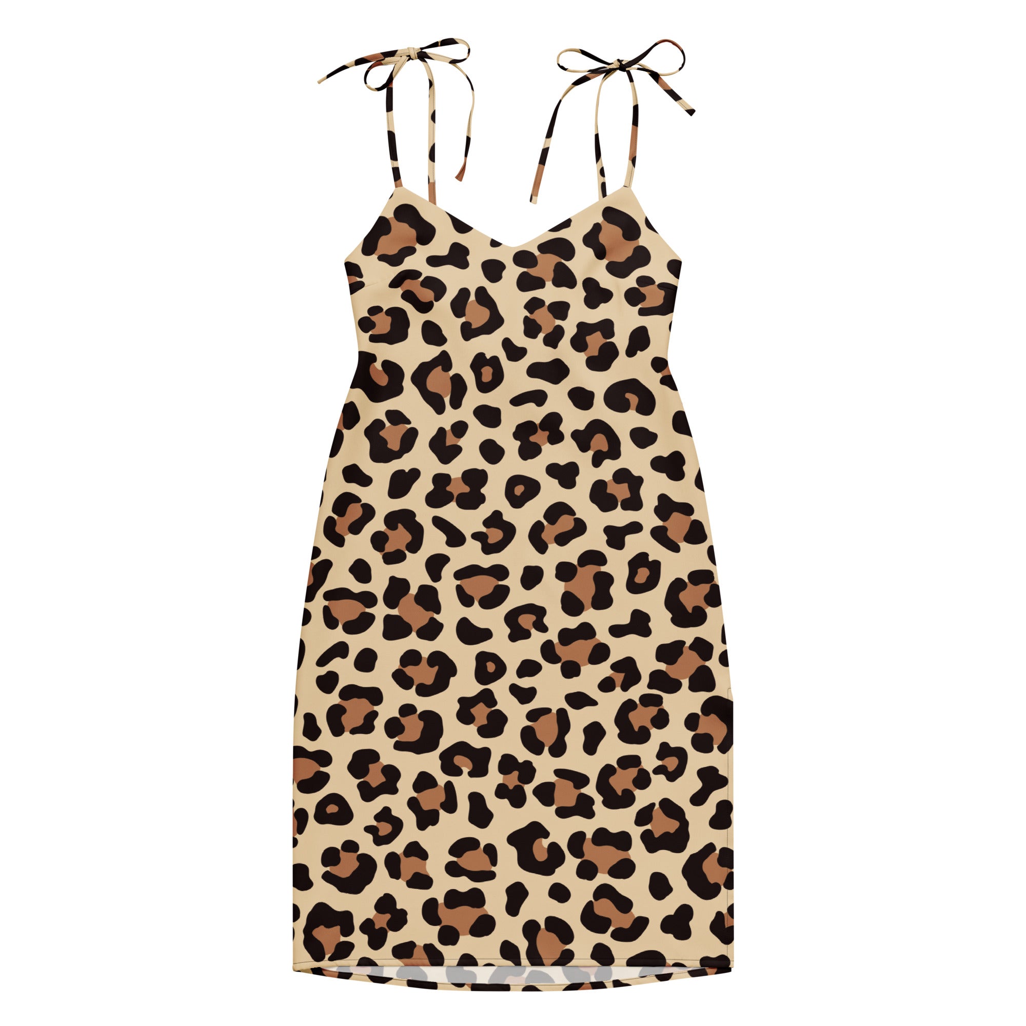 Beige leopard print midi slip dress with adjustable tie straps and built in bra for women front view