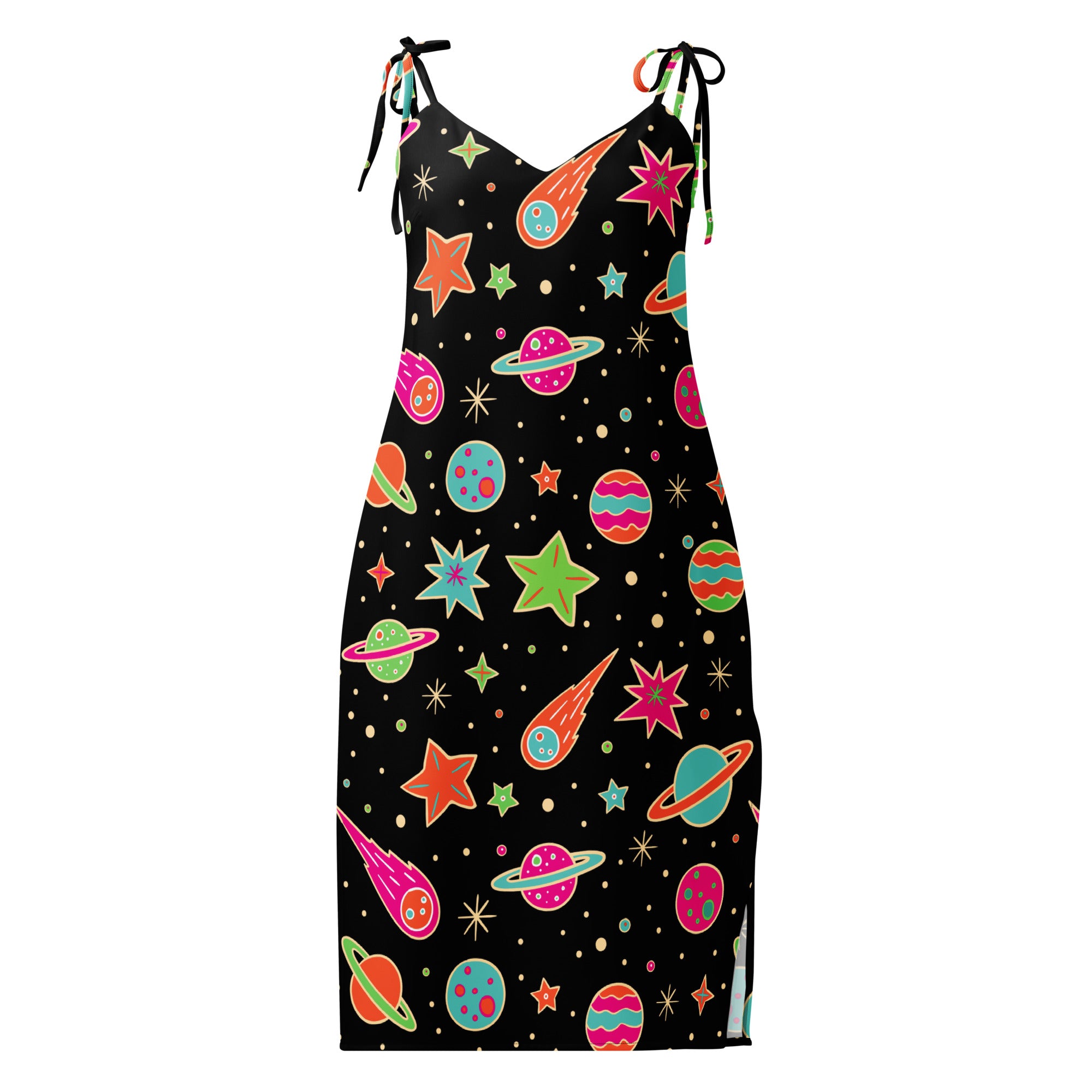 A black retro neon space slip dress with vibrant colorful planets stars pink green orange and teal midi length