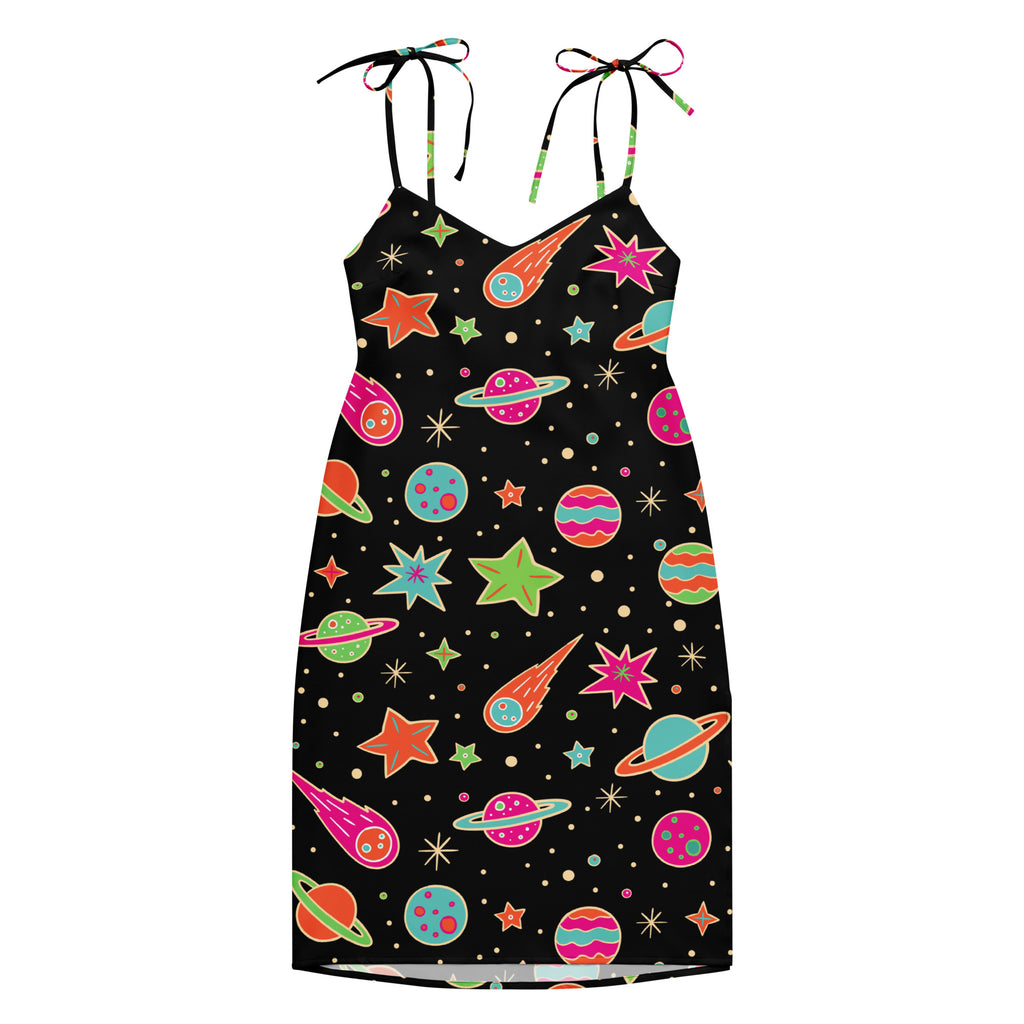 Women’s retro neon space slip dress midi black with vibrant cartoon planets stars comets and adjustable tie straps