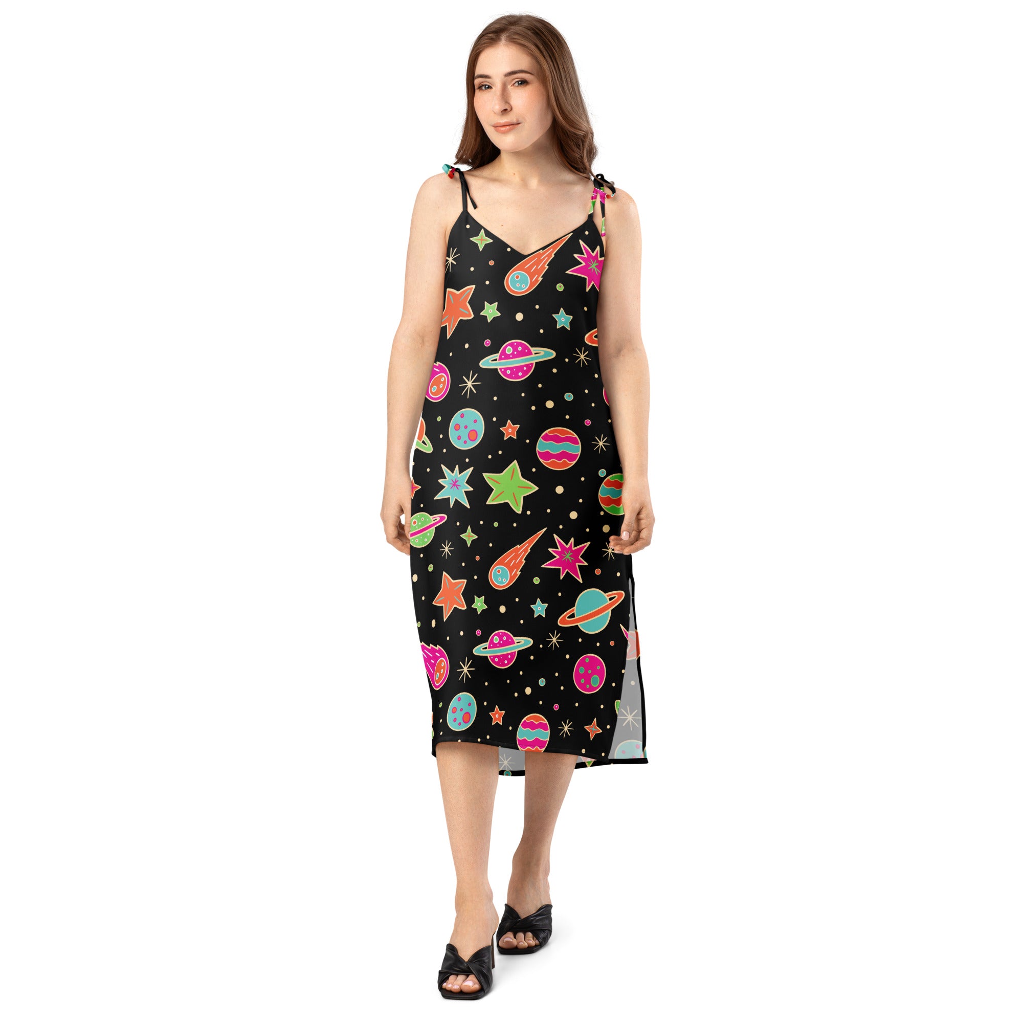 Women’s retro neon space slip midi dress in black with adjustable tie straps and vibrant cartoonish space print