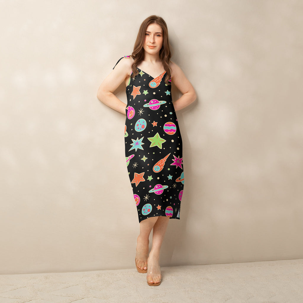 Women’s retro neon space slip dress midi dress with adjustable tie straps black with vibrant cosmic planet and star pattern