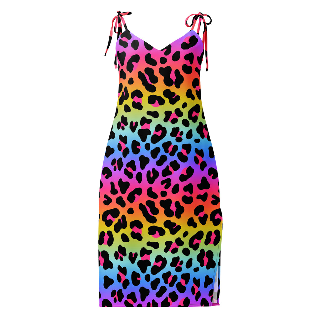 Multicolored leopard print dress with thin straps on a white background