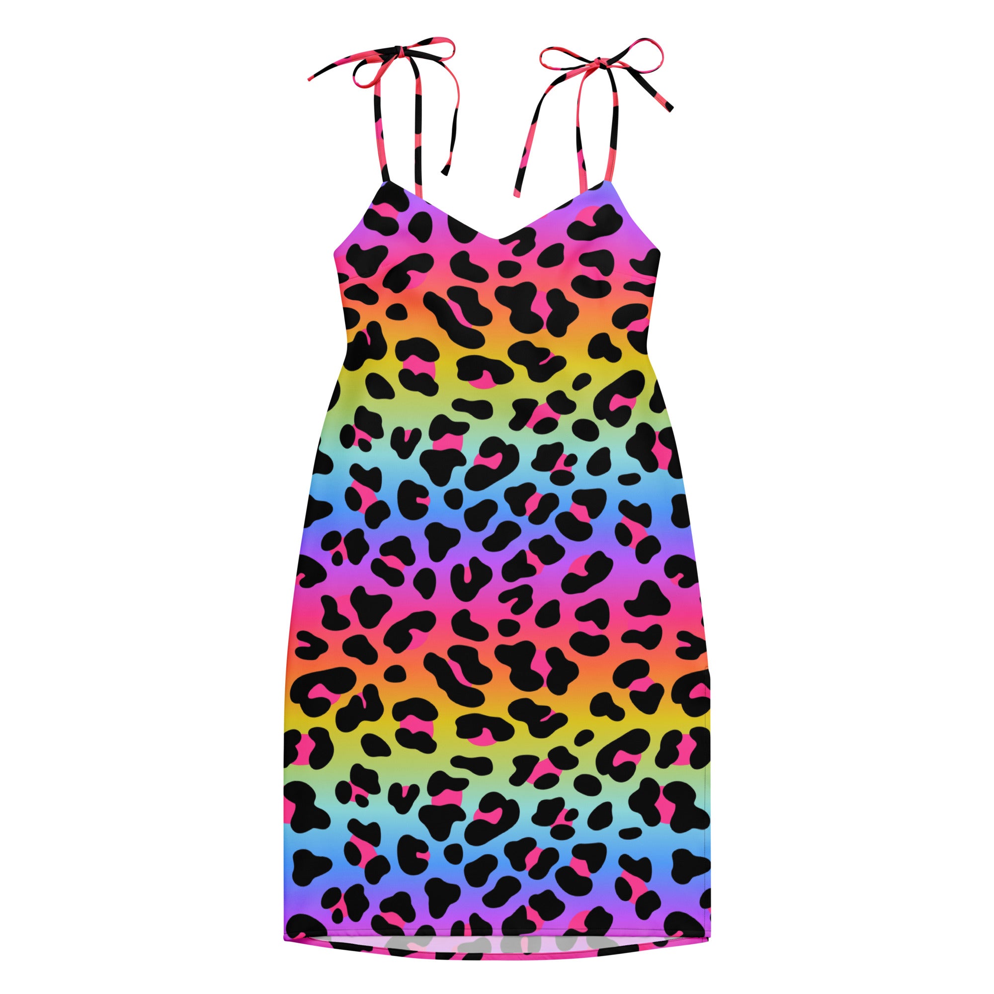 Multicolored leopard print dress with black straps on a white background