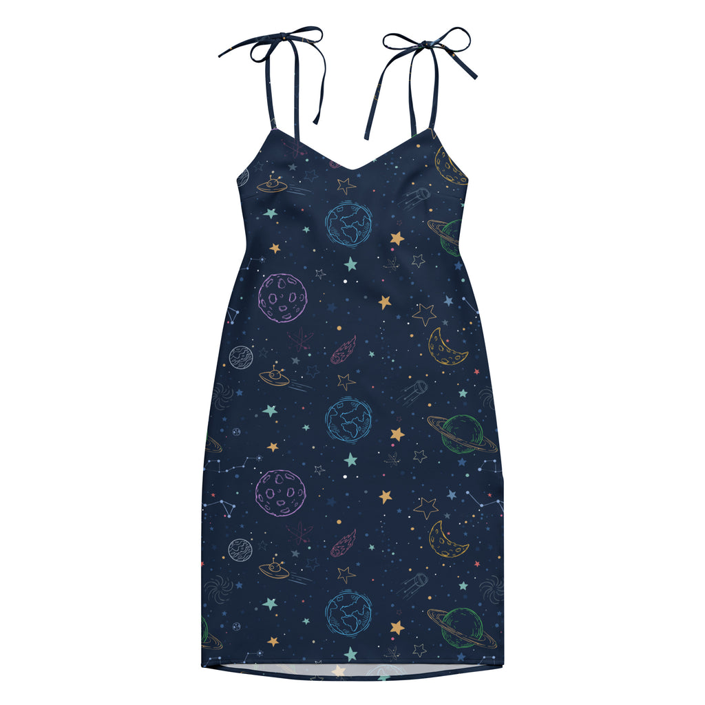 Navy blue dress with space-themed pattern on a white background