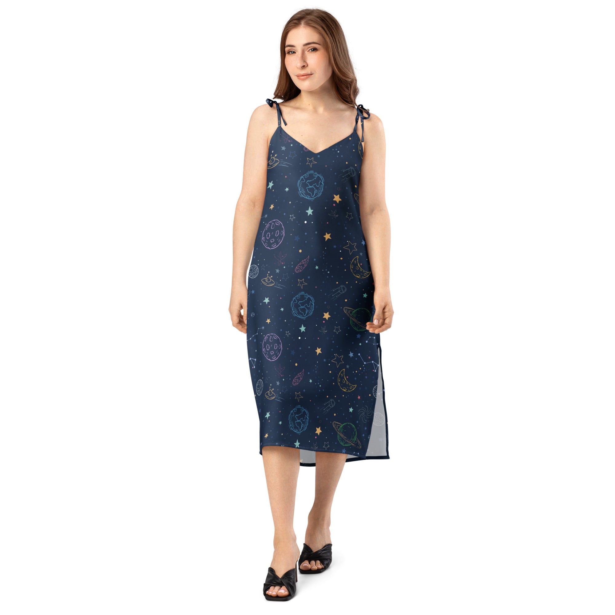 Woman wearing a s slip dress on a white backgroundace