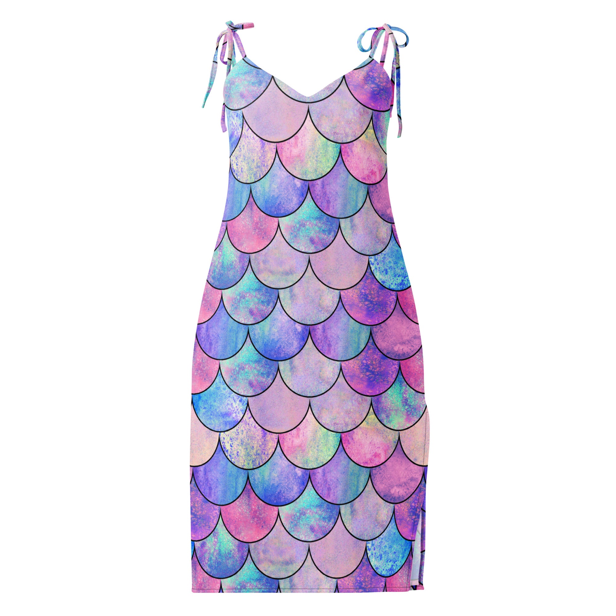 Women’s pastel mermaid slip midi dress with vibrant pink purple and blue scale print and adjustable tie straps