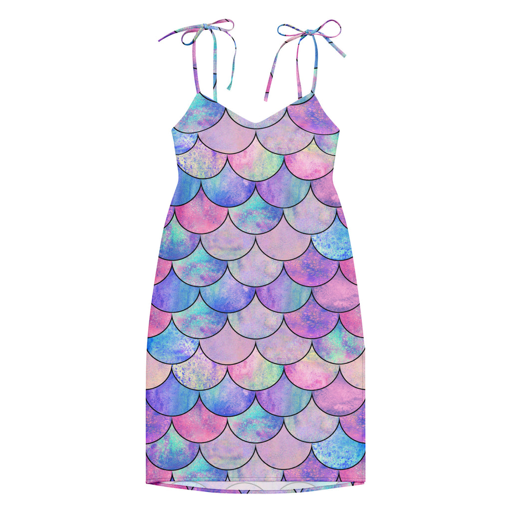 Women’s pastel mermaid slip dress midi with adjustable tie straps and built-in bra in vibrant watercolor mermaid-scale print