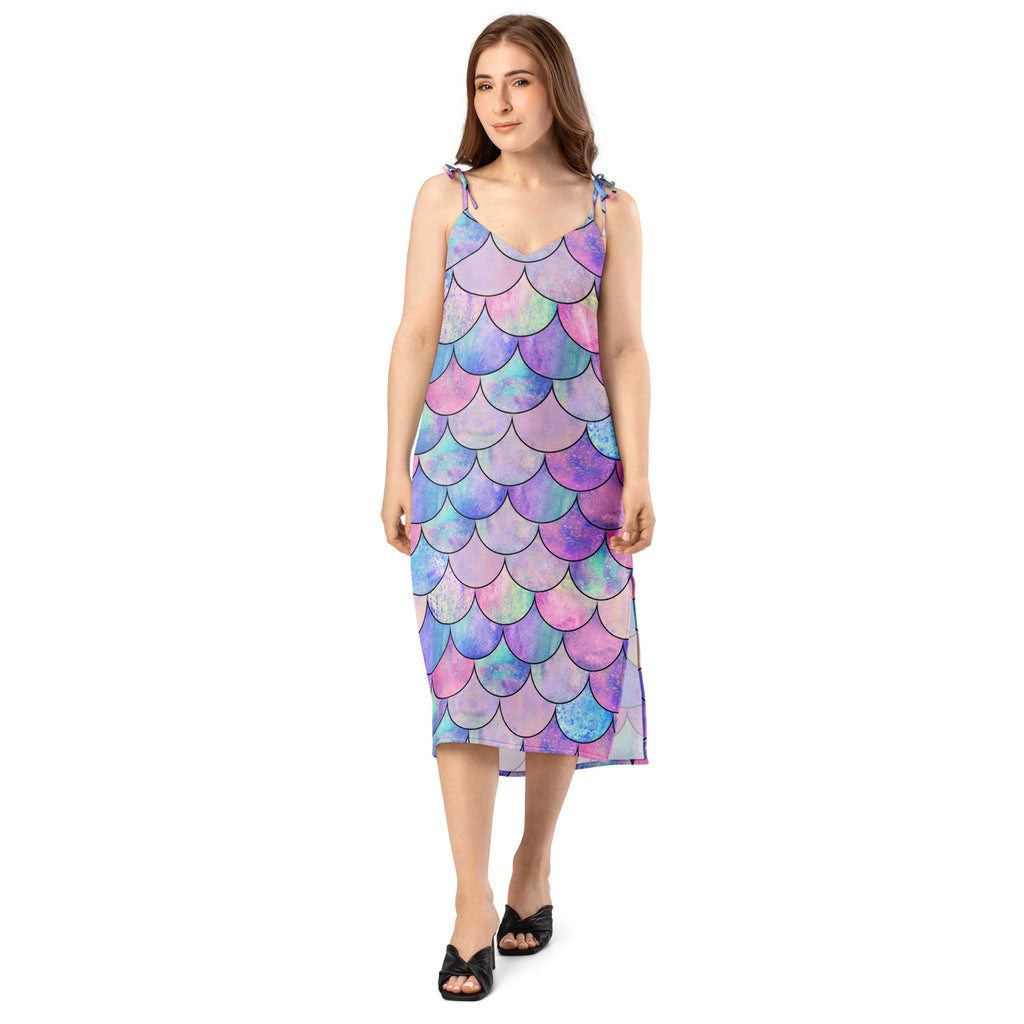 Women’s pastel mermaid slip dress midi featuring vibrant iridescent purple pink and blue mermaid scale pattern with adjustable tie straps and built in bra