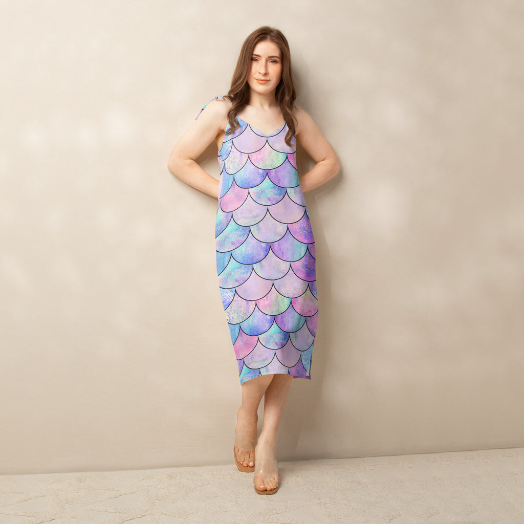Women’s pastel mermaid slip dress midi dress with adjustable tie straps and built in bra featuring iridescent purple blue pink mermaid scale pattern