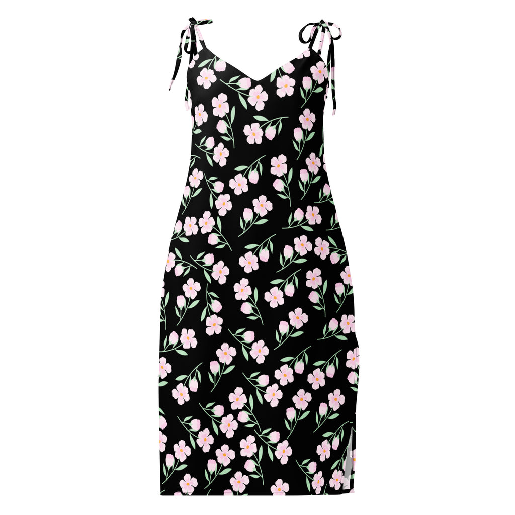 Women’s black floral slip midi dress with pink blossoms green stems and adjustable tie-back spaghetti straps back view