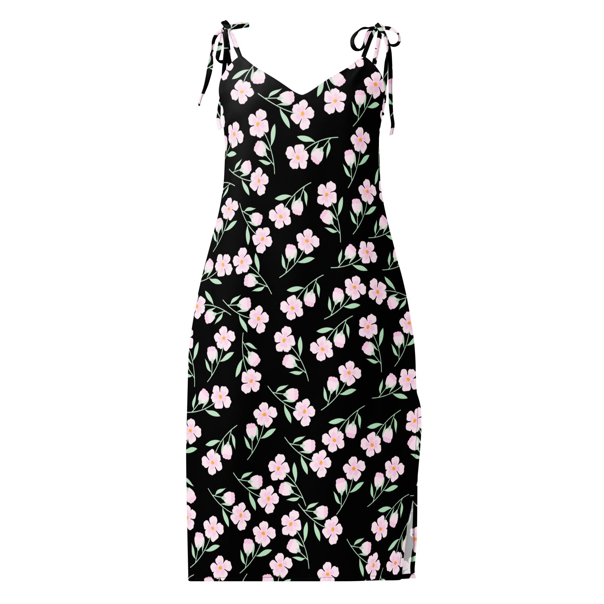 Women’s black floral slip midi dress with pink blossoms green stems and adjustable tie-back spaghetti straps back view