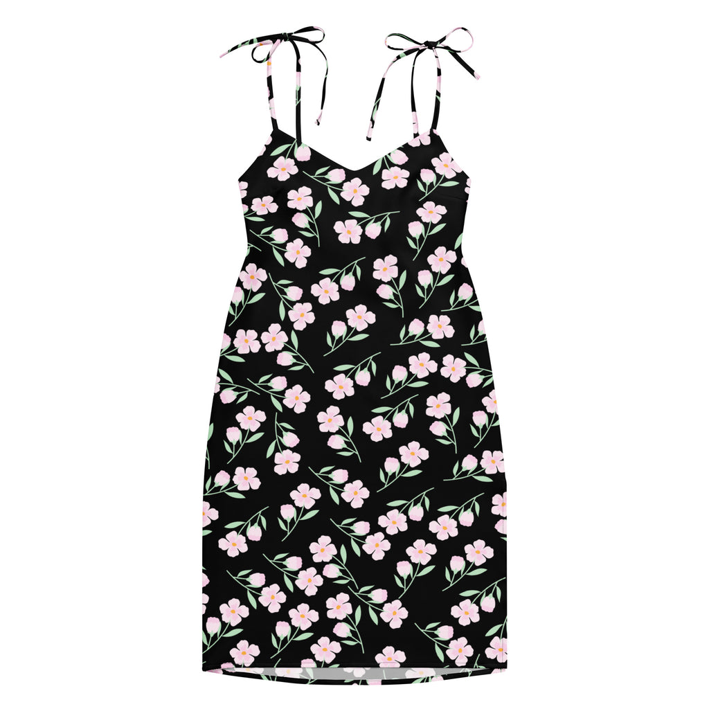 Women’s black floral slip midi dress with delicate pink blossoms green stems and adjustable tie-back straps back view
