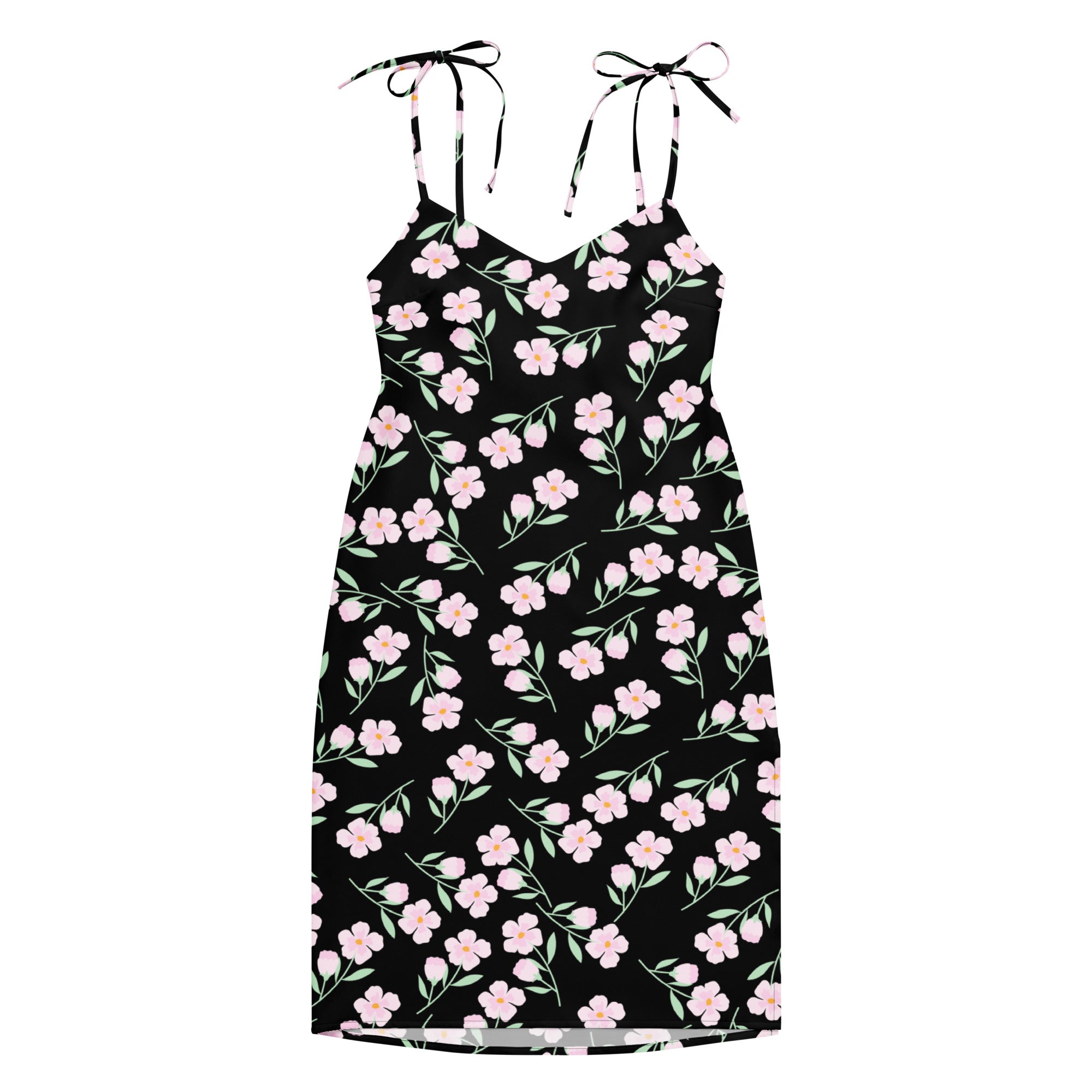 Women’s black floral slip midi dress with delicate pink blossoms green stems and adjustable tie-back straps back view