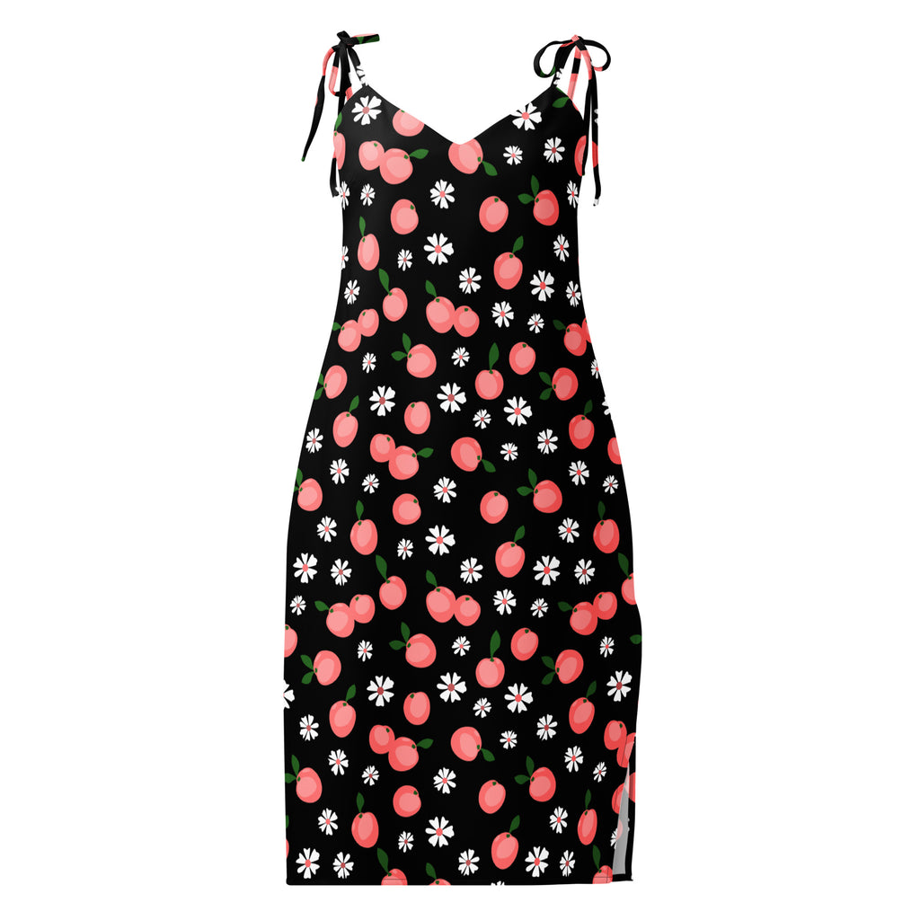 Women’s black spaghetti strap midi slip dress with pink cherries white daisies print and adjustable tie straps