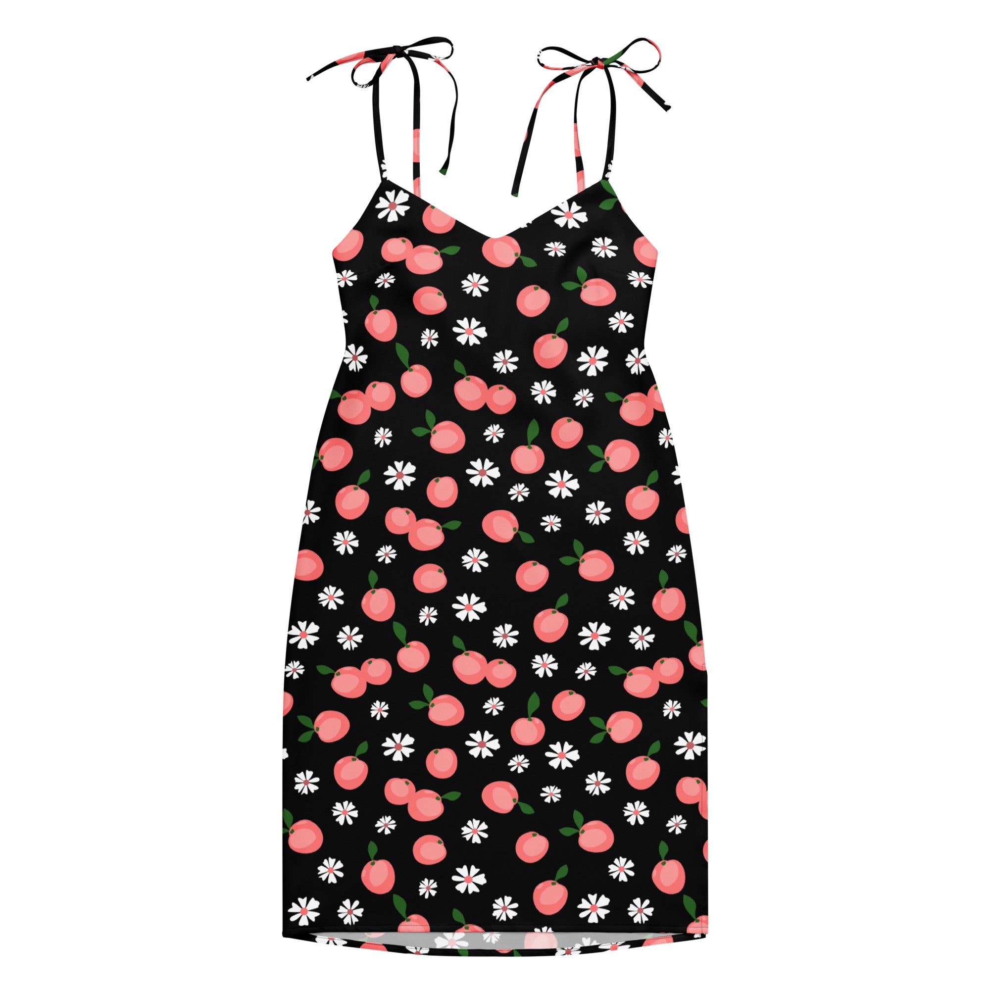 Women’s black spaghetti strap midi dress with cherry and daisy print adjustable tie straps and built in bra