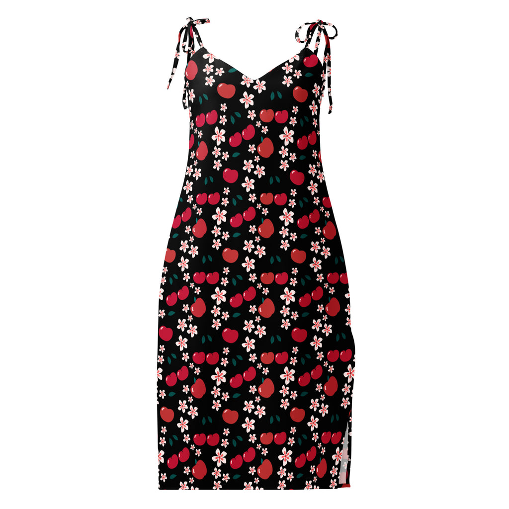Women’s black sleeveless midi slip dress with vibrant red cherry and pink floral pattern and adjustable tie straps