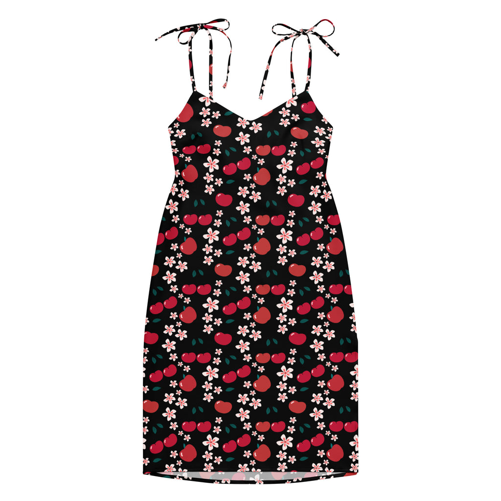 Women’s black cherry and pink floral midi slip dress with adjustable tied shoulder straps and built-in bra