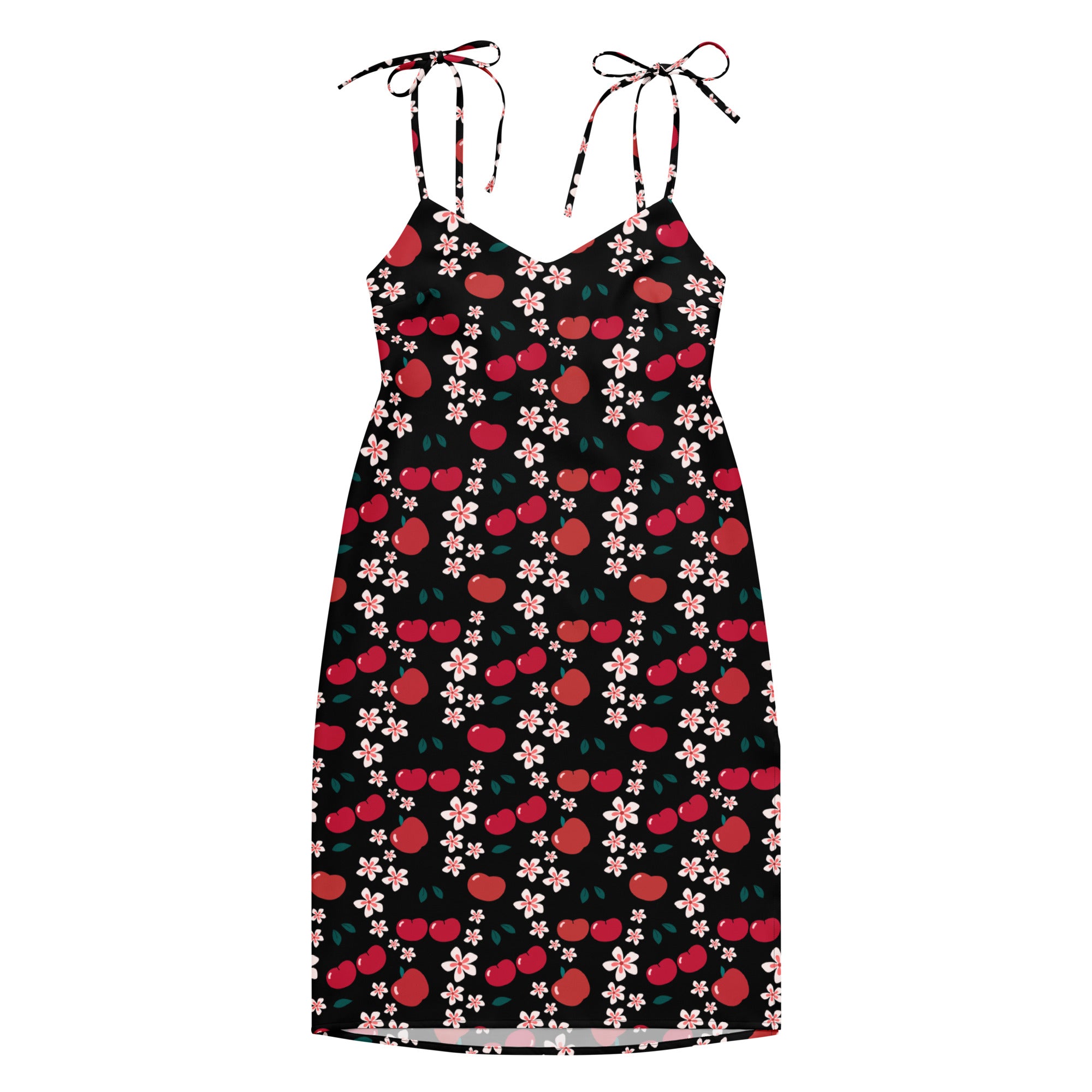 Women’s black cherry and pink floral midi slip dress with adjustable tied shoulder straps and built-in bra