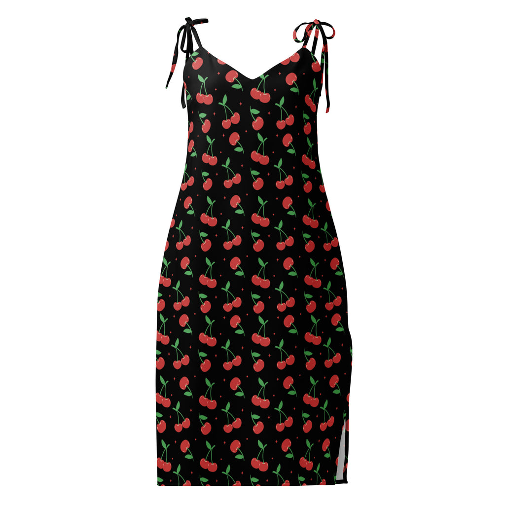 Women’s black cherry print slip dress midi with adjustable tie straps side slit and built in bra