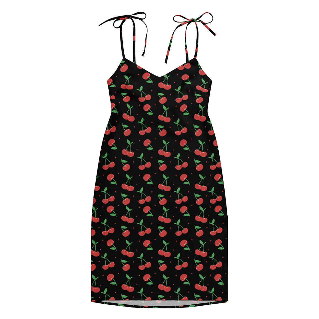 Women’s black cherry print slip dress with adjustable tie straps red cherries green stems midi dress with built in bra