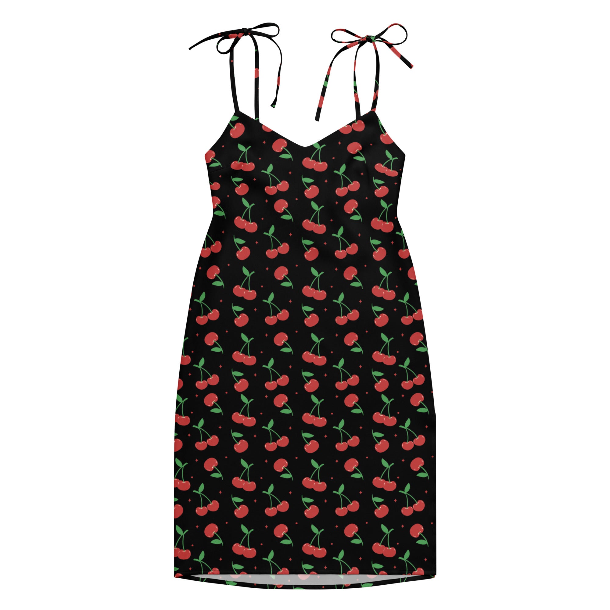 Women’s black cherry print slip dress with adjustable tie straps red cherries green stems midi dress with built in bra